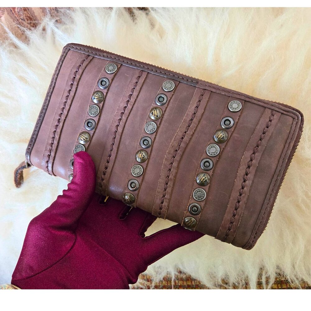 Harbour 2nd Soft Leather Zip-Around Wallet Distressed Studded Embellished, NICE!